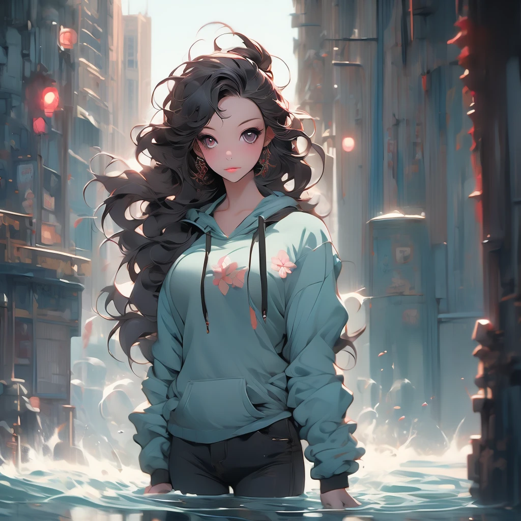 a woman with long hair and a hoodie is standing in the water, beeple and jeremiah ketner, digital art on pixiv, digital art. artstation, dreamy cyberpunk girl, by Aaron Nagel, loish |, gorgeous digital art, 🌺 cgsociety, dark cyberpunk illustration, cyberpunk))))), intricate abstract. cyberpunk, cyberpunk art style