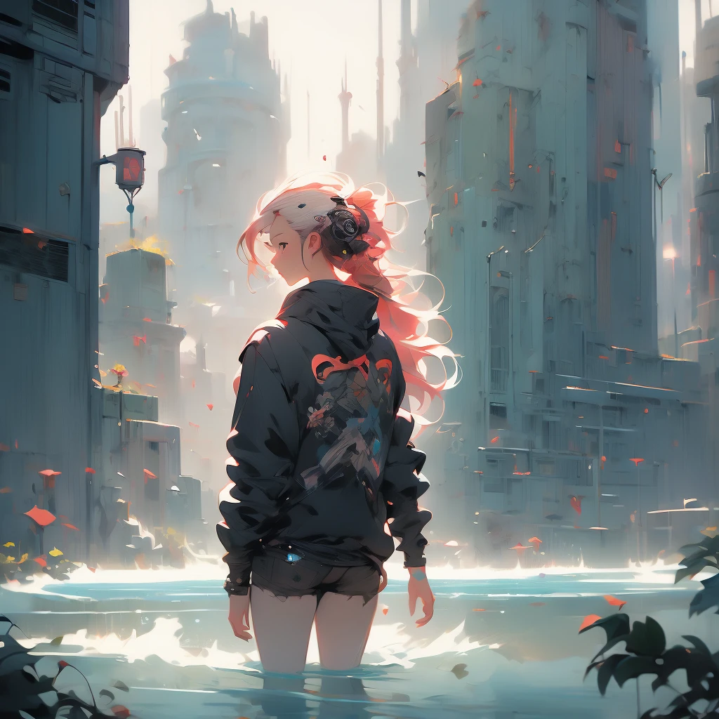 a woman with long hair and a hoodie is standing in the water, beeple and jeremiah ketner, digital art on pixiv, digital art. artstation, dreamy cyberpunk girl, by Aaron Nagel, loish |, gorgeous digital art, 🌺 cgsociety, dark cyberpunk illustration, cyberpunk))))), intricate abstract. cyberpunk, cyberpunk art style