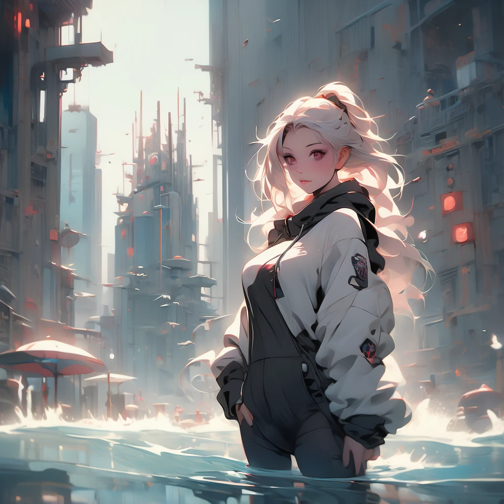a woman with long hair and a hoodie is standing in the water, beeple and jeremiah ketner, digital art on pixiv, digital art. artstation, dreamy cyberpunk girl, by Aaron Nagel, loish |, gorgeous digital art, 🌺 cgsociety, dark cyberpunk illustration, cyberpunk))))), intricate abstract. cyberpunk, cyberpunk art style