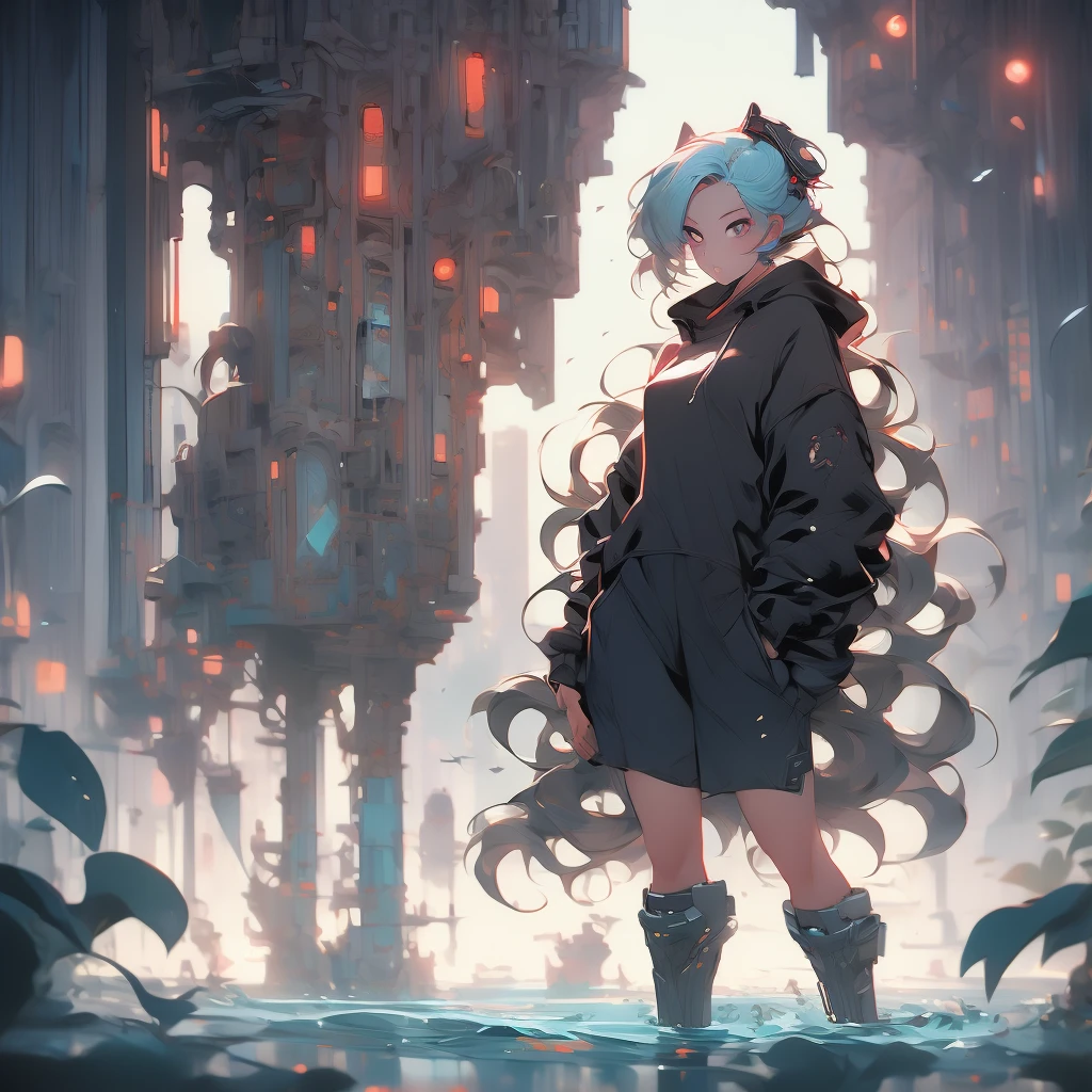 a woman with long hair and a hoodie is standing in the water, beeple and jeremiah ketner, digital art on pixiv, digital art. artstation, dreamy cyberpunk girl, by Aaron Nagel, loish |, gorgeous digital art, 🌺 cgsociety, dark cyberpunk illustration, cyberpunk))))), intricate abstract. cyberpunk, cyberpunk art style
