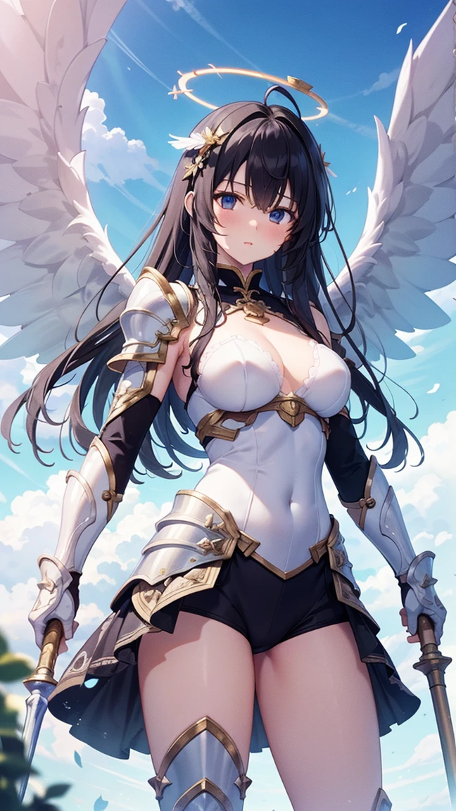 1 Girl,Angel wings,Medium breasts,(Sunlight),(Angel),Dynamic Angle,floating,wing,((Black feather)),Black Hair,Halo,floating white silk,(Holy Light),Silver Star,outdoor,Sky,antenna,Chinese weapons,Holding lever arm,spear,fly,flying,Shoulder_armor,Shin_Guard,Oil residue,helmet,armor,, (masterpiece:1,2), best quality, masterpiece, high resolution, The original, Extremely detailed wallpaper, Perfect lighting,(Extremely detailed CG:1.2), drawing, brush,Holding a weapon,Sky城,laser