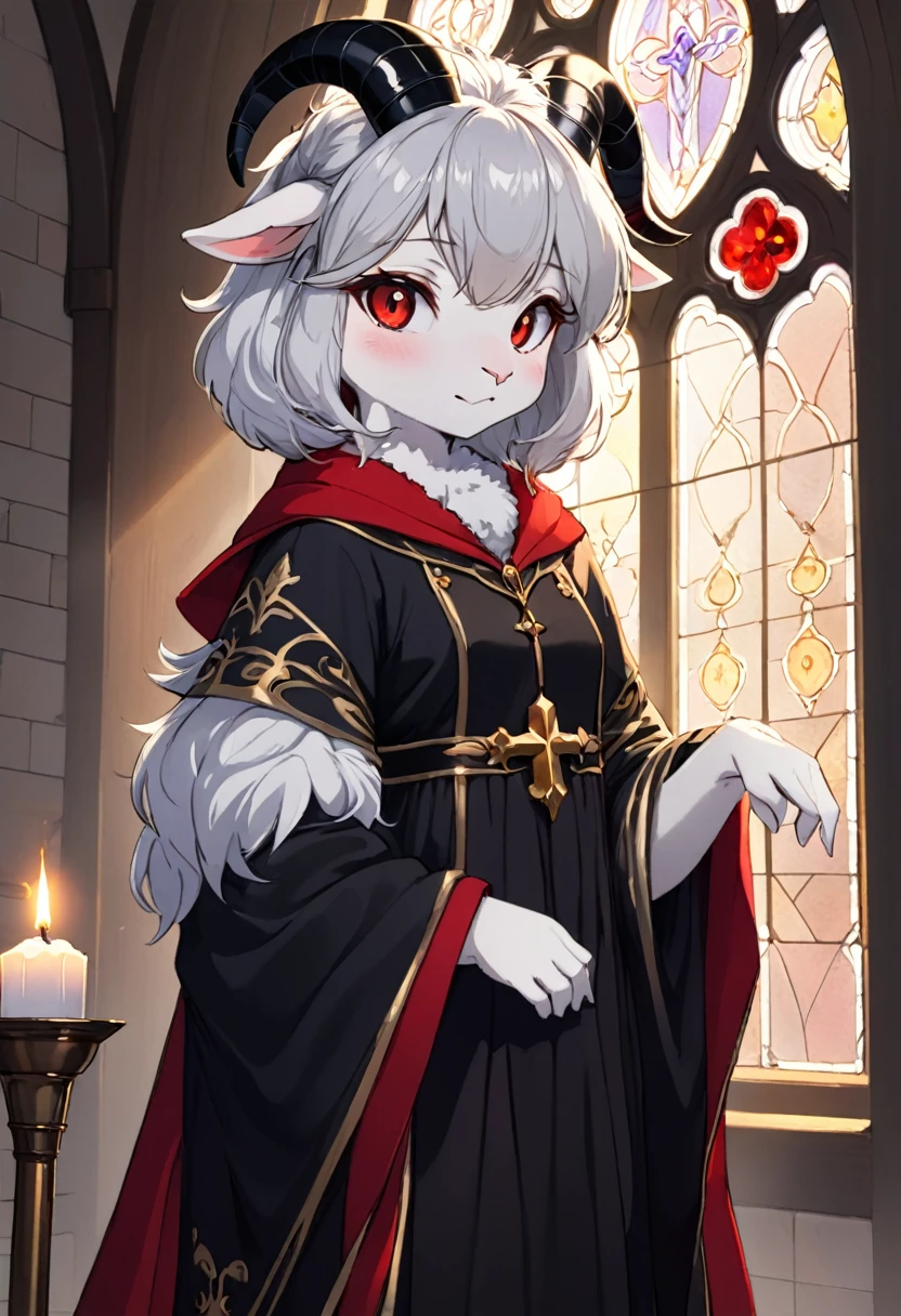 uploaded on e621, ((by Yurusa, by Childe Hassam, by Kenket, by Kyoto Animation)),
solo (chibi:1.15) ((sheep (lamb \(cult of the lamb\)), black body and white fur, white hair, horn, clear red sclera)),
(wear red crown, red cloak, grey black gown:1.25), (flat chested, smile), ((detailed fluffy fur)),
(half-length portrait, looking at viewer, three-quarter view:1.3),
BREAK,
(standing at church with stained glass:1.25), (outside, fog, mist, candle:1.2),
(detailed background, depth of field, half body shadow, sunlight, ambient light on the body),
(intricate:0.7), (high detail:1.2), (unreal engine:1.3), (soft focus:1.1),
[explicit content, questionable content], (masterpiece, best quality, 4k, 2k, shaded, absurd res)