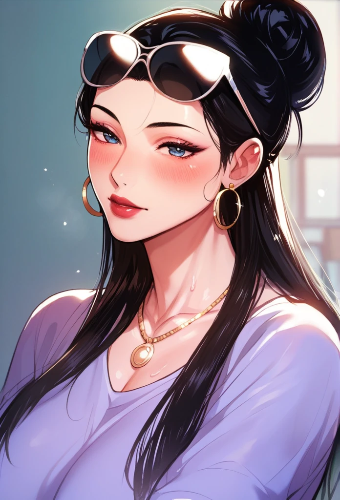 Hot sexy beautiful milf mom , hoops earrings,black hair,long slick back hair,blush,blue eyes, necklace ,one hair bun, lipstick, a light purple turtleneck, dark, fuchsia-colored shorts,black sunglasses on head