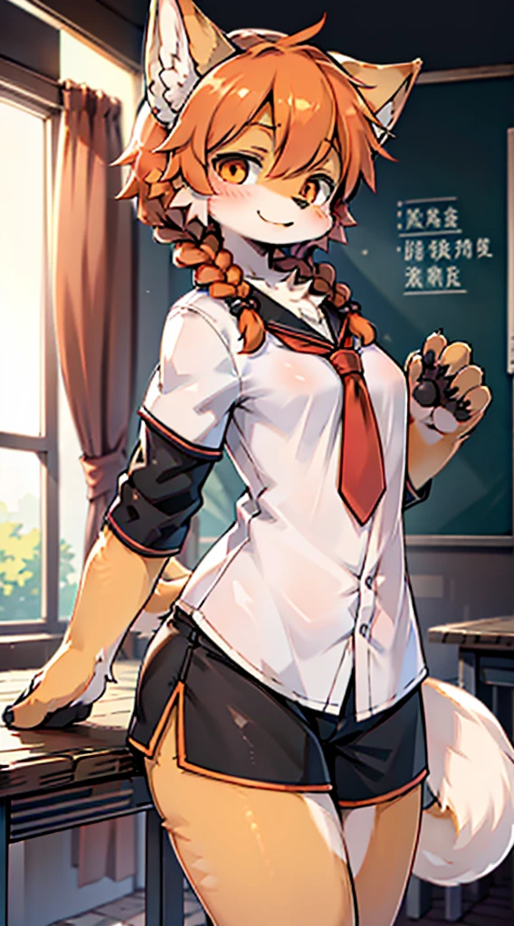 Japanese style high school shirt，cute男孩子，furry，furry，hairy，furry，hairy，furry，Body hair，Hair covers the whole body，Gentle smile，shota，Anthropomorphic Fox，Fox Girl，小braid，braid，cute，Orange hair，Orange hair all over body，全身Orange hair，Japanese school uniform shirt，shorts，shorts，Short boy，Slim figure，Classroom Background，Indoor background，Campus style，individual，individual，individual，Q version style，American anime style，femboy，femboy，Oval face