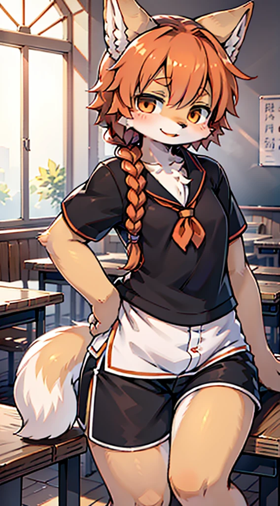 Japanese style high school shirt，cute男孩子，furry，furry，hairy，furry，hairy，furry，Body hair，Hair covers the whole body，Gentle smile，shota，Anthropomorphic Fox，Fox Girl，小braid，braid，cute，Orange hair，Orange hair all over body，全身Orange hair，Japanese school uniform shirt，shorts，shorts，Short boy，Slim figure，Classroom Background，Indoor background，Campus style，individual，individual，individual，Q version style，American anime style，femboy，femboy，Oval face