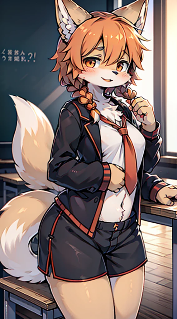 Japanese style high school shirt，cute男孩子，furry，furry，hairy，furry，hairy，furry，Body hair，Hair covers the whole body，Gentle smile，shota，Anthropomorphic Fox，Fox Girl，小braid，braid，cute，Orange hair，Orange hair all over body，全身Orange hair，Japanese school uniform shirt，shorts，shorts，Short boy，Slim figure，Classroom Background，Indoor background，Campus style，individual，individual，individual，Q version style，American anime style，femboy，femboy，Oval face