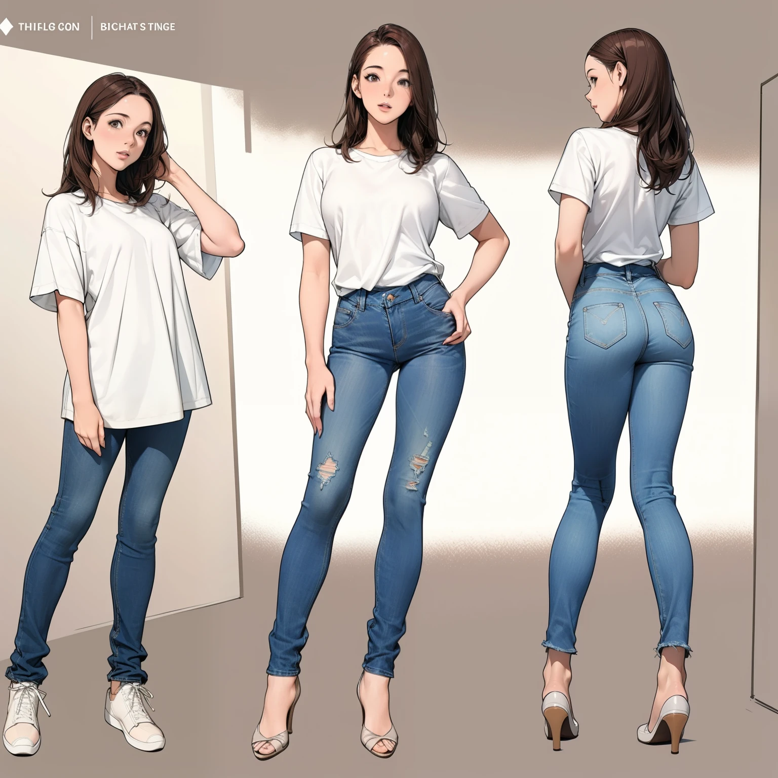 Detailed character sheet, front view, side view, diagonal view, with a white returnground, show me the girls, 30 years old, with short dark brown hair combed return, Wear light casual clothes, Wearing tight denim jeans. Seats include a variety of angles., front light., return, and side views, Model sheet and reference sheet, Full-body painting. The ratio is based on 7..5 head scale.