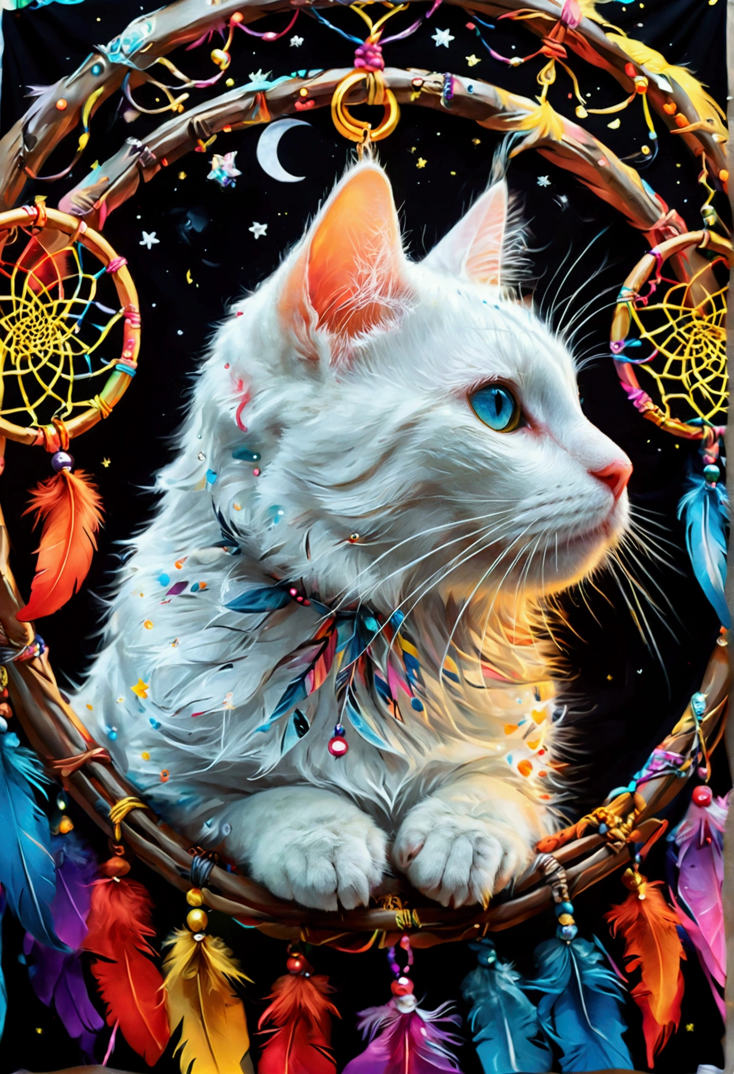 （White cat in the circle of colorful dream catchers），"T-shirt design with circular silhouette of cat face, Crescent Moon, And the stars