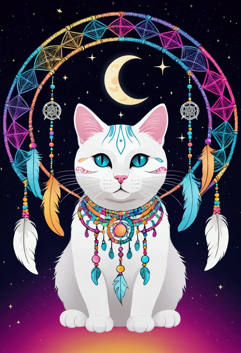 (White cat in the circle of colorful dream catchers),"T-shirt design with circular silhouette of cat face, Crescent Moon, And the stars