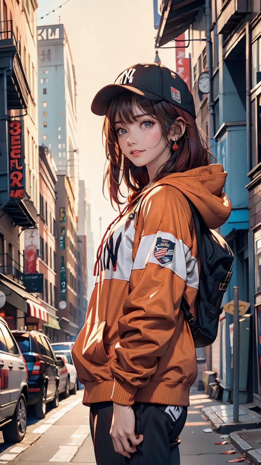20-year-old Caucasian female、Red hair、Short Bob、Headphones、Camouflage pattern hoodie、New York Yankees Cap、Reach into your hoodie pocket、leggings、sneakers、An alley overflowing with trash、Leaning against the wall of a brick house、Look to the side、View your viewers、smile