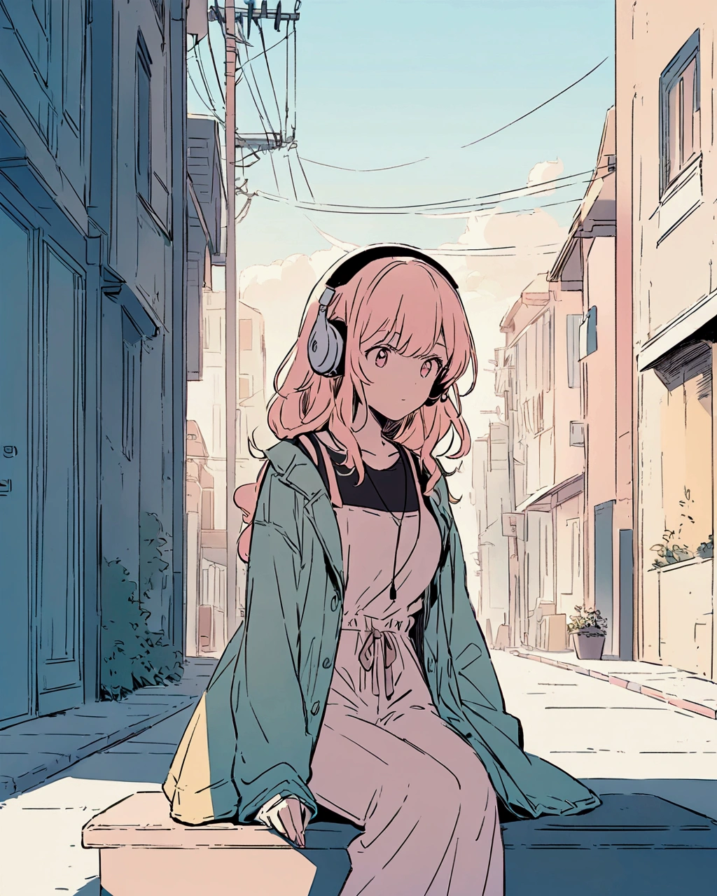 An anime-style illustration of a girl sitting on a bench in an urban setting. She has long, wavy light hair and wears headphones. She is dressed in a casual outfit with a loose-fitting coat over a dark shirt or dress. The background features a street with buildings and utility poles, drawn with clean, minimalistic lines and pastel colors. The overall color scheme is soft and light, giving the image a serene and relaxed atmosphere."