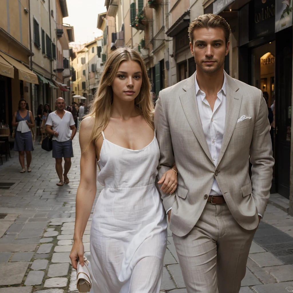 ((best quality)), ((masterpiece)), (detailed), couple, walking, summer, Milan, in Italy, 1woman, very long blonde hair, cocktail dress, 1man, tall, muscular, handsome, dark short hair, in Italy, wearing linen suit