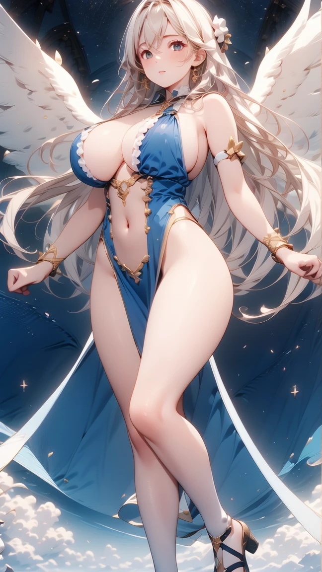 constitution : Air est une jeune ange d'une beauté éthérée, Delicate facial features,Huge Breasts,Blue eyes seem to reflect the light of the sky. Her skin is fair and flawless, Almost translucent, As if lit from within. Her hair is blonde, Silky and long, Gently outline her face. She has a graceful figure、Elegant and noble appearance。, Use light, An almost floating gait, As if she always gets along with the celestial currents around her. His angel wings, White and transparent, When she exercises,Behind her, majestically unfolding, Adds to her angelic temperament. trendy style : Air'The clothing style is both fashionable and practical, Reflects her status as a gifted student of magic. She often wears soft, light dresses, Bright hues, Like sky blue or silver, Highlighting her glowing skin and blonde hair. Her favorite clothes are long ones, floating dress, Decorated with a subtle pattern inspired by constellations and stars. Wide and transparent sleeves, Reminiscent of the texture of its wings. Air also wears delicate accessories, Such as the exquisite bracelets inlaid with gemstones that sparkle like stars.. Complete your look, She often wears light sandals decorated with gold and silver patterns. Her hair is usually down, Floating around her, Sometimes secured with a simple hairpin decorated with small stars. When she is preparing for magic lessons or important exams, Air revêt une cape blanche ornée de broderies argentées, Symbolizes connection with celestial energy. The cape gave him a majestic and mysterious aura.,He impressed his classmates and teachers.。. in short, Air'Style is both charming and elegant, Capturing the Essence of Angel Heritage,Reflection