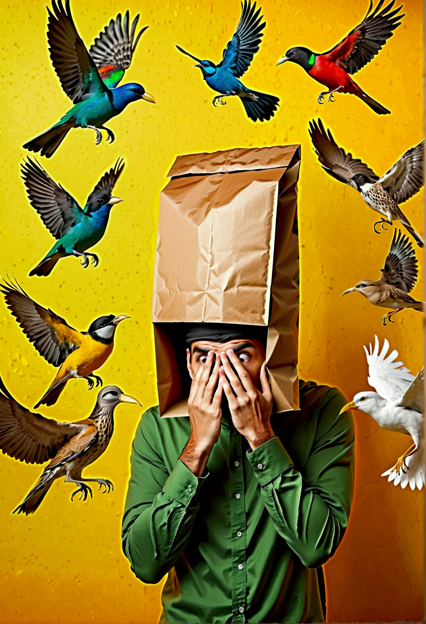person with a paper bag over their head hiding their face and preventing them from thinking or expressing themselves, however, A door opens in his forehead and free birds come out of his brain