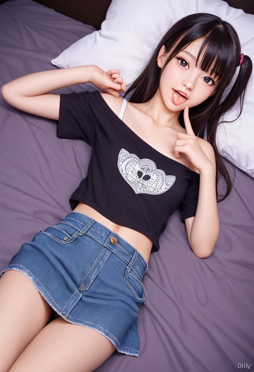 pastel colors t-shirt,off-shoulder look,bare shoulder,ollarbone,midriff peek,Denim mini skirt,(open mouth:1.5),(tongue out:2),lying,finger to chin,overhead shot,front view,face focus,(1girl,Beautiful 14 year old girl,ager),((Slender,Small breasts,Small face,)),(looking at viewer),Black Hair,bangs,one side up,Beautiful and detailed,(Dimly lit room:1.5),White bed,pillow,Mischievous smile