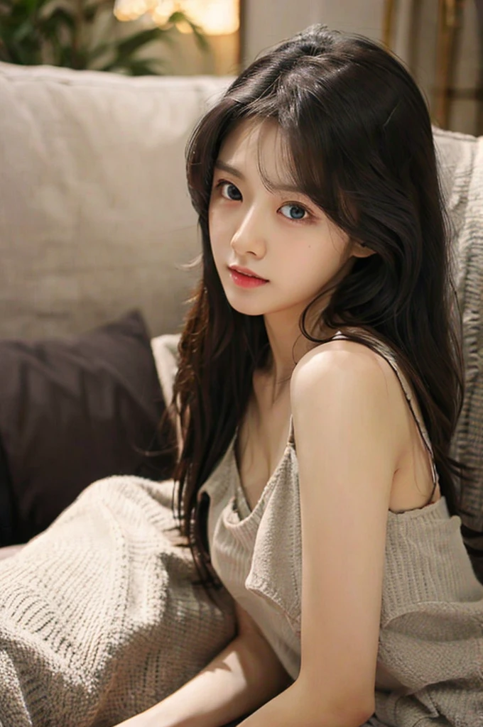 18 years old beautiful girl, big eyes, B cup,slim, 8K, top quality, (Very detailed title: 1.0), (very detailed face: 1.0), (very fine hair: 1.0), Realistic,（Character clothing：Sexy）, black hair, long hair,Lazy,Room,Sit on the sofa,Mouth slightly open,tipsy night light