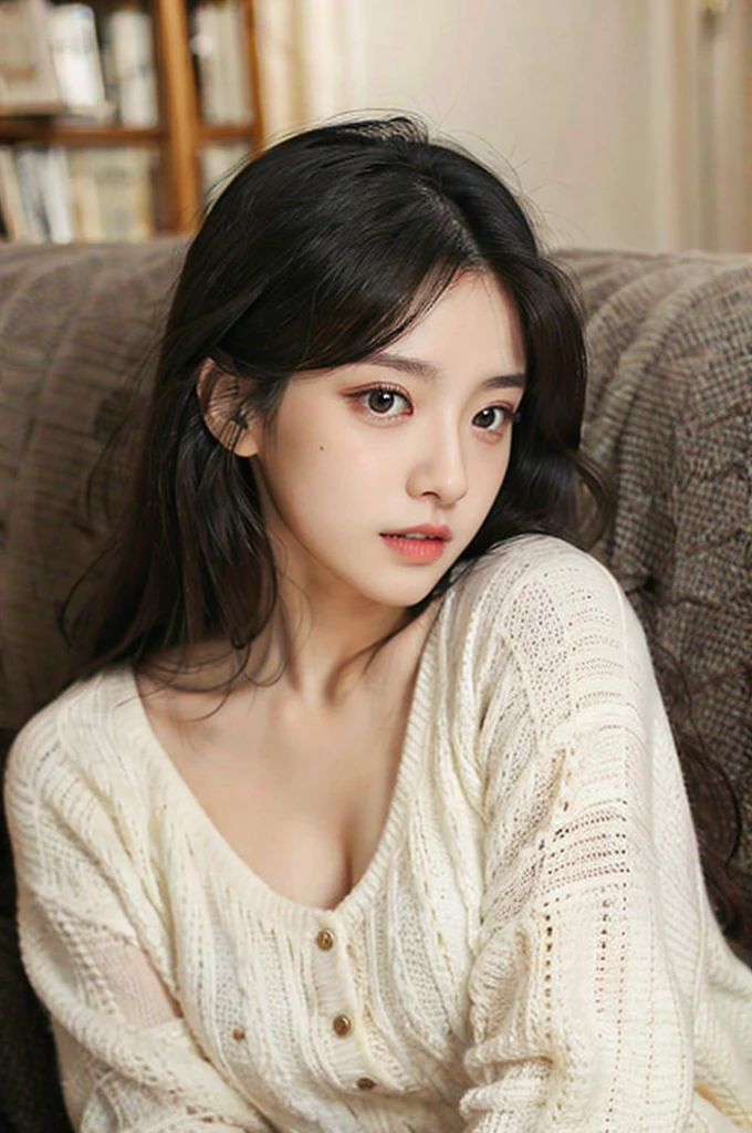 18 years old beautiful girl, big eyes, B cup,slim, 8K, top quality, (Very detailed title: 1.0), (very detailed face: 1.0), (very fine hair: 1.0), Realistic,(Character clothing:Sexy), black hair, long hair,Lazy,Room,Sit on the sofa,Mouth slightly open,tipsy night light