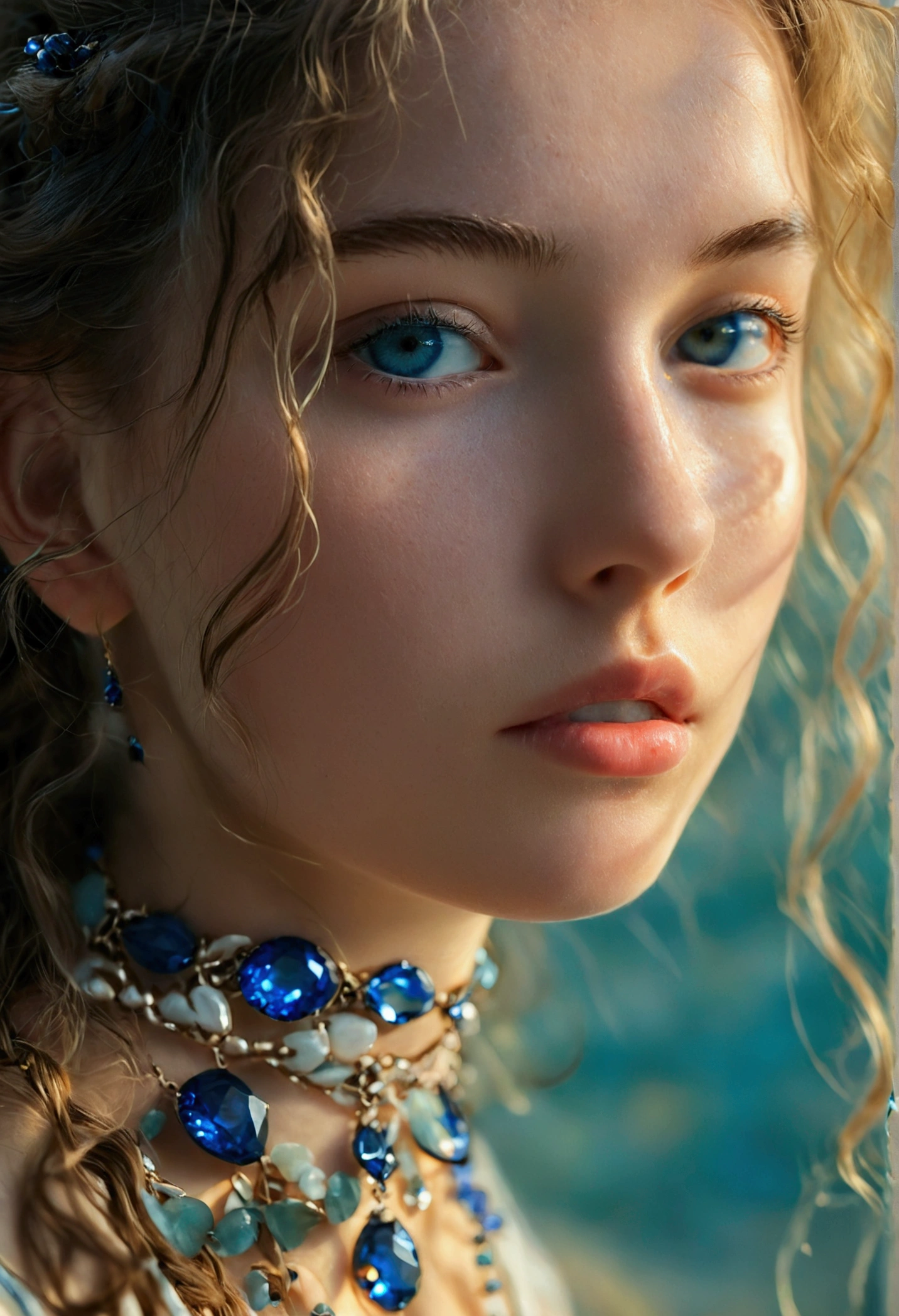 An 18 year old girl, fair skin and long wavy hair, with a delicate necklace with a blue stone