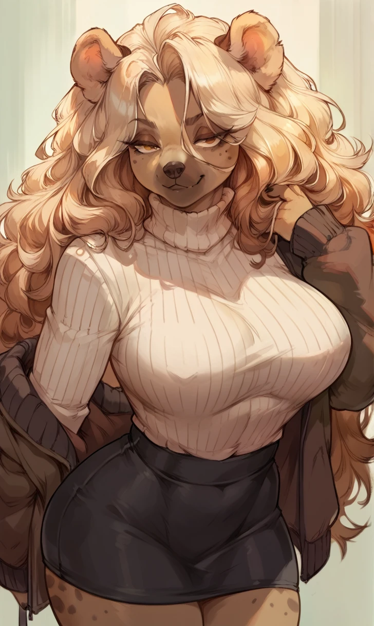 female anthro hyena,Brown long fluffy hair, fluffy hair, bear ears, bear, big breasts, attractive, turtleneck sweater, turtleneck, thicc body, thicc, freckles, freckles on face, neutral expression, smug eyes, bored eyes, skirt, black skirt