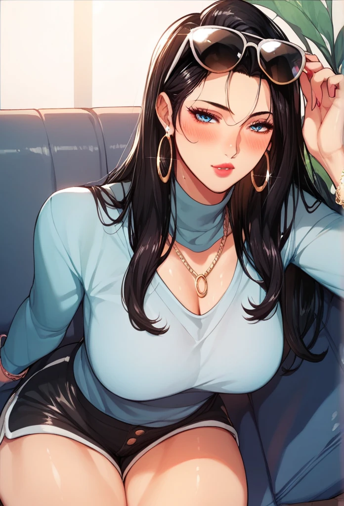 Hot sexy beautiful milf mom , hoops earrings,black hair,long slick back hair,blush,blue eyes, necklace ,lipstick,  a light purple turtleneck, dark, fuchsia-colored shorts,black sunglasses on head 