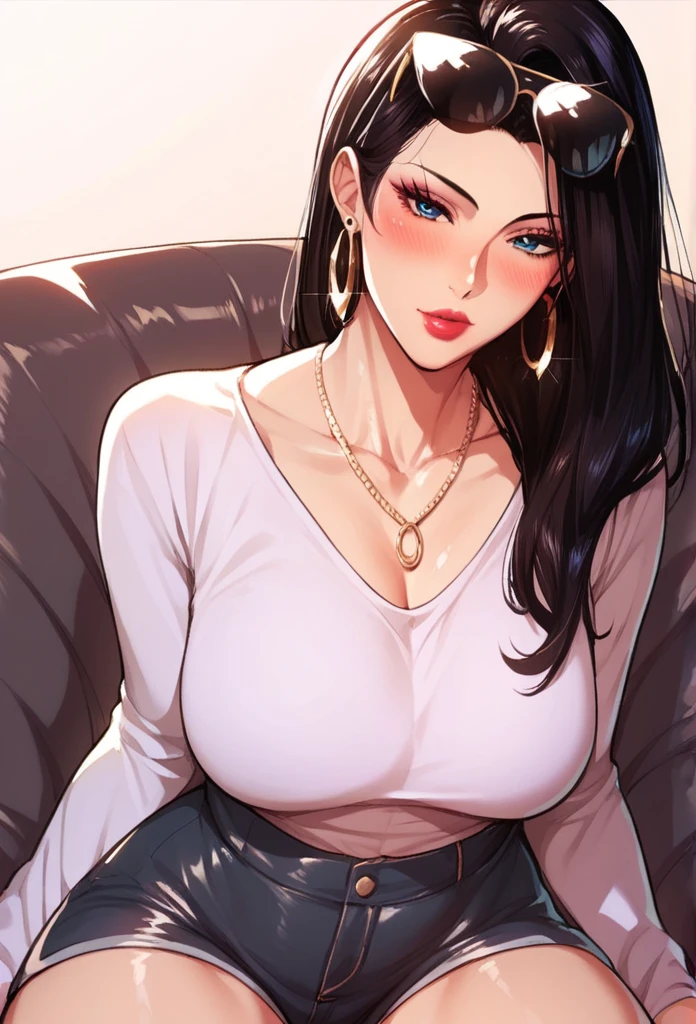 Hot sexy beautiful milf mom , hoops earrings,black hair,long slick back hair,blush,blue eyes, necklace ,lipstick, a light purple turtleneck, dark, fuchsia-colored shorts,black sunglasses on head