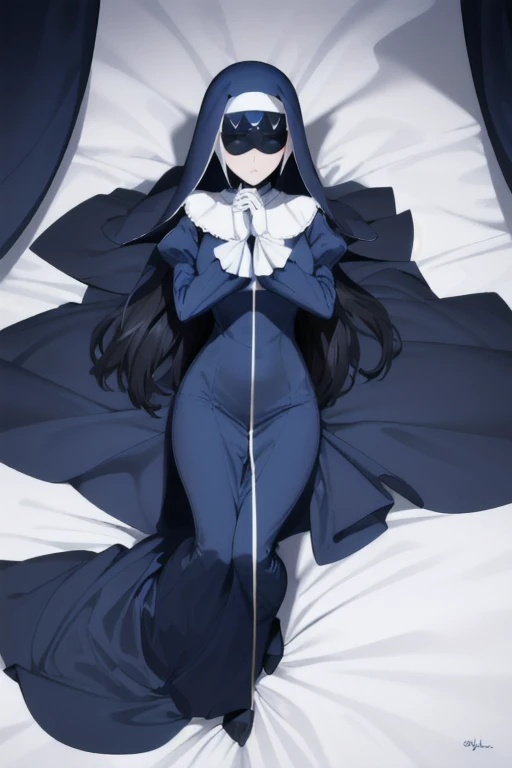 Mature women, nun, blue nun outfit, puffy sleeves, blue cape ,blue long skirt, long sleeves, sleeves cover her hands, long deep black veil, vail cover her face,(look at viewer) ,no face detail, vail covered face, (perfect skin),(no emotion ), anime, (full body), bed, lying down, sexy poses 