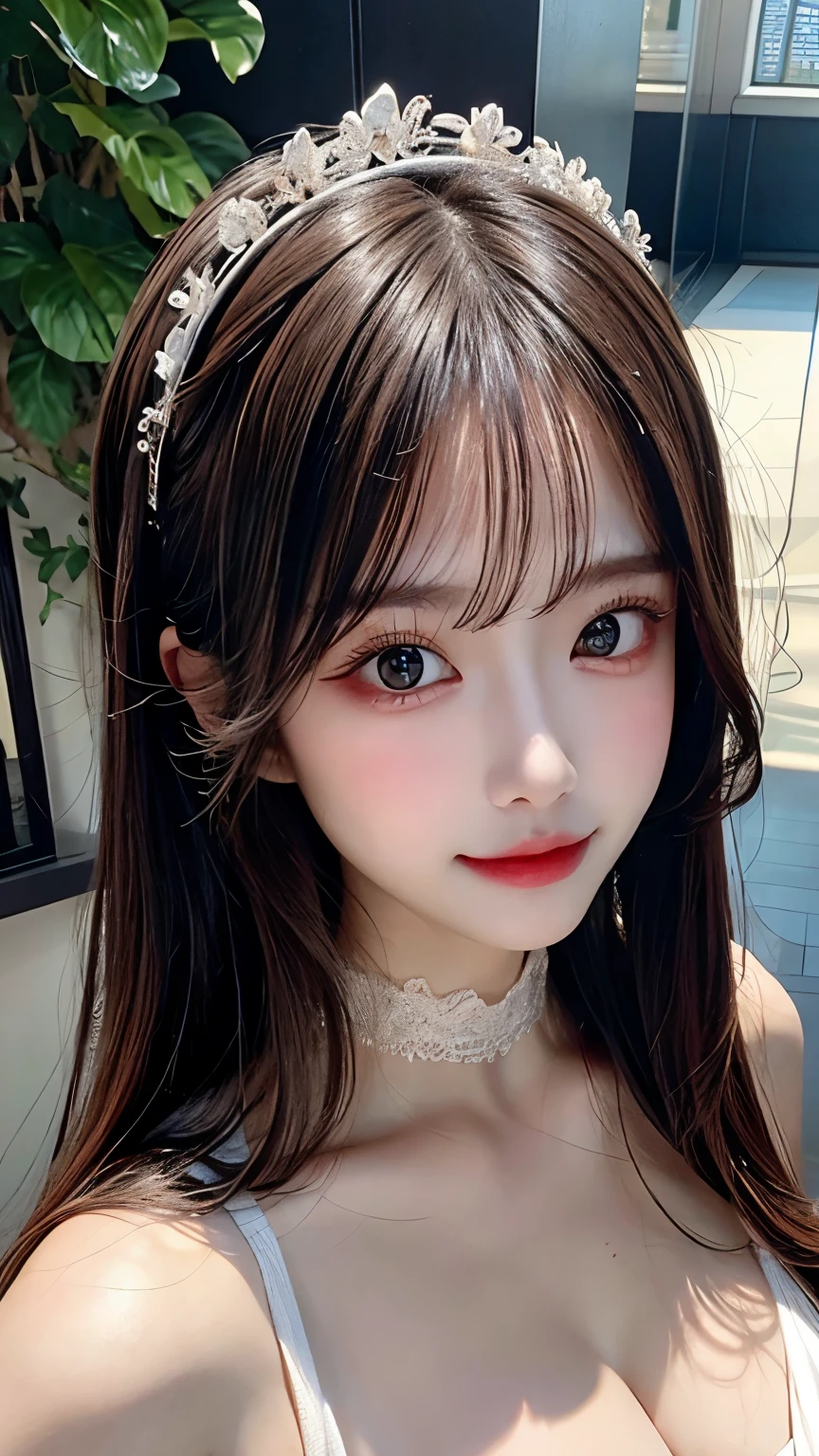 perfect figure beautiful woman：1.4，Layered Hair Style，Protruding cleavage，Lace bandeau：1.5，Highly Detailed Face and Skin Textur，double eyelid，Whiten the skin，Collar, 独奏, from above:1.3, 