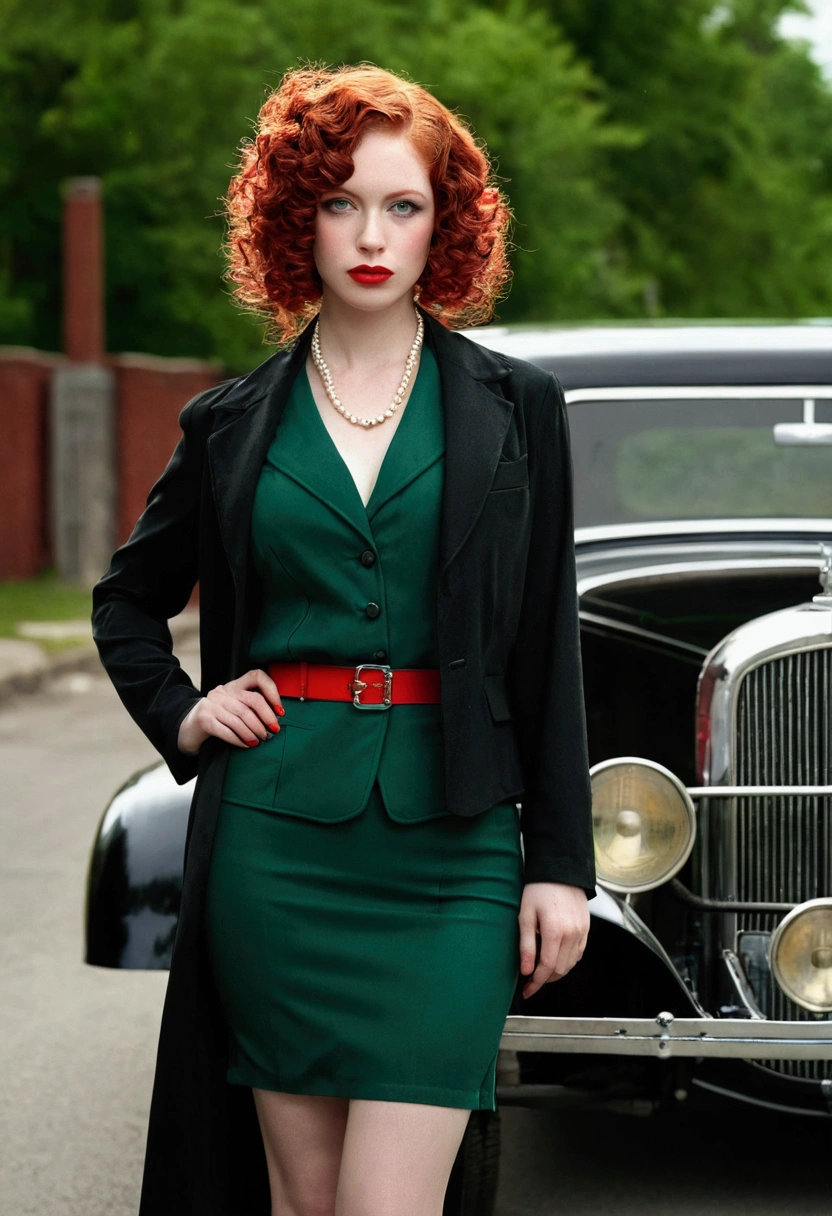 Masterpiece, pale skin, Red lips, light eyes, shadow, Front photo of a beautiful redhead woman with medium curly hair standing on the street holding a Thompson M1928A1 drum, Behind her, a 1928 Cadillac Town Sedan on the left in green, she wears a mafia suit with red and black colors, Skirt and jacket on the shoulders in mafia style., she also wears a hat, garter belt and heels, cuerpo Very detailed, Detailed car and clothes., chiaroscuro, natural light, Very detailed, she and the car were focused on the image
