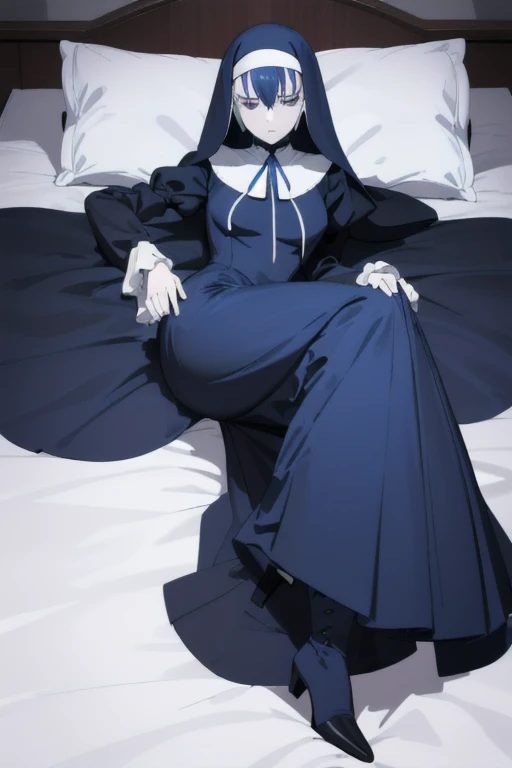 Mature women, nun, blue nun outfit, puffy sleeves, blue cape ,blue long skirt, long sleeves, sleeves cover her hands, long deep black veil, vail cover her face,(look at viewer) ,no face detail, vail covered face, (perfect skin),(no emotion ), anime, (full body), bed, lying down, sexy poses, heels boots 