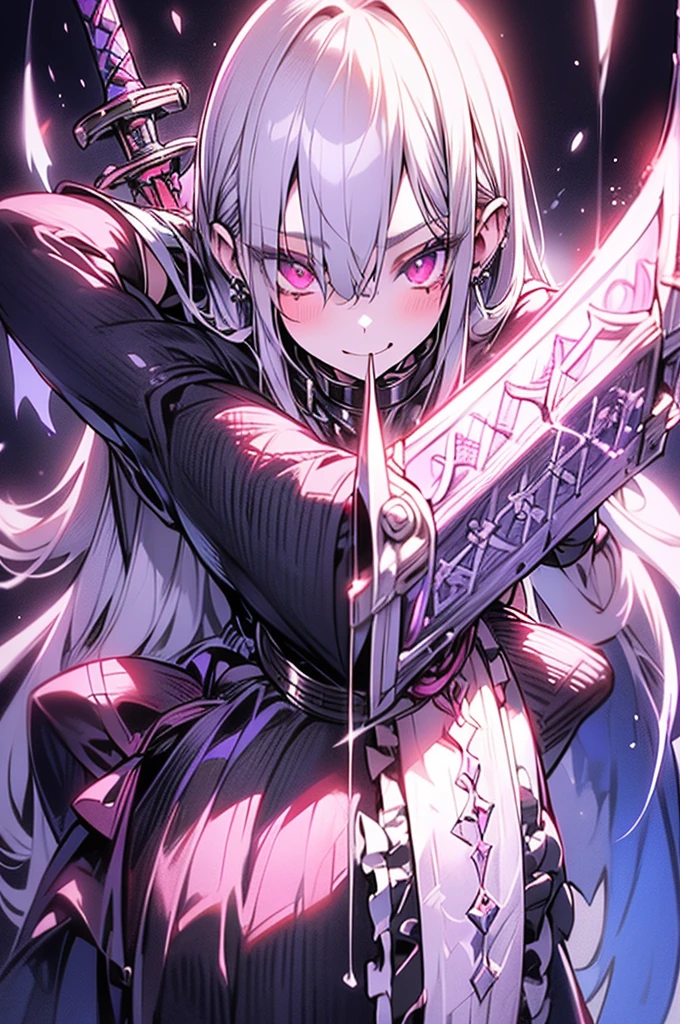 white gothic lolita angel of punishment, long white hair, purple eyes, 4 wings, (((((holding a long sword))))), mature, slim, tall, (best quality,4K,8K,mackerel,masterpiece:1.2),very detailed,(realistic,photorealistic,photo-realistic:1.37),intricate details,contrast lighting,cinematic lighting,dramatic shadows,surreal,occult,ethereal,dark fantasy,piercer