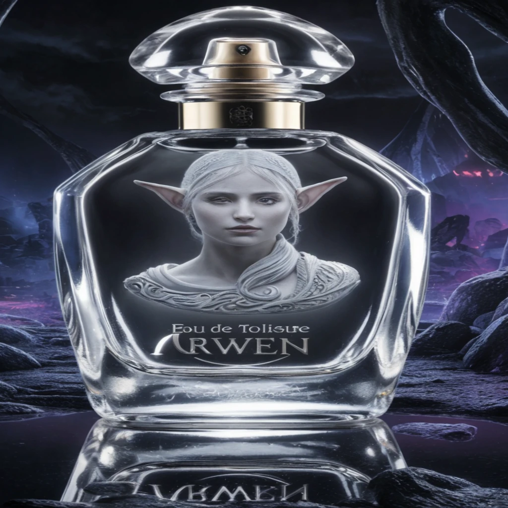 A captivating high-definition photograph of a luxurious perfume bottle, featuring a charming elf bust etched into the glass. The bottle design, labeled "'eau de toilette arwen" in silver lettering. It is both elegant and mysterious. The clear glass captures and reflects soft light, highlighting the intricate details of the elf. The background reveals a dark, dystopian fantasy landscape, with a druid's secret lair displaying a mix of black, blue and purple tones. The 3D rendering and cinematic atmosphere of the perfume bottle evoke the feeling of a dark fantasy movie poster, while the vibrant colors and illustrations create a fascinating and visually stunning masterpiece.