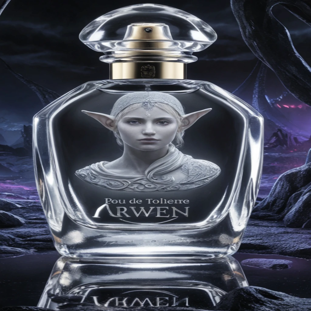 A captivating high-definition photograph of a luxurious perfume bottle, featuring a charming elf bust etched into the glass. The bottle design, labeled "'eau de toilette arwen" in silver lettering. It is both elegant and mysterious. The clear glass captures and reflects soft light, highlighting the intricate details of the elf. The background reveals a dark, dystopian fantasy landscape, with a druid's secret lair displaying a mix of black, blue and purple tones. The 3D rendering and cinematic atmosphere of the perfume bottle evoke the feeling of a dark fantasy movie poster, while the vibrant colors and illustrations create a fascinating and visually stunning masterpiece.