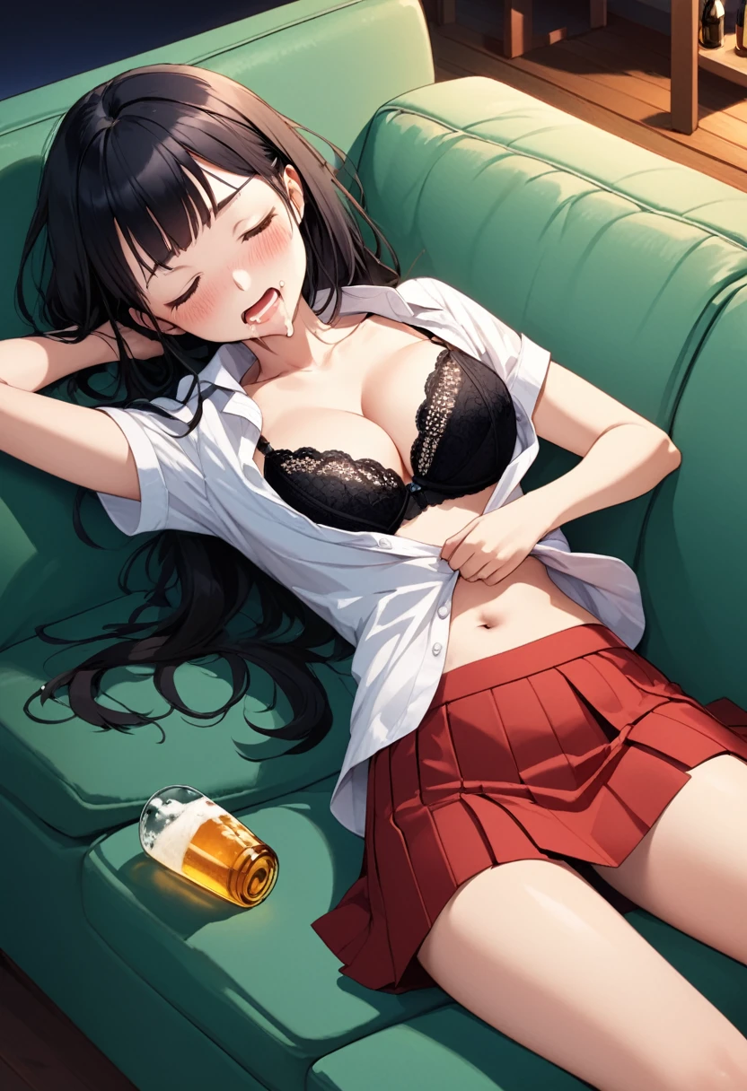 detailed illustration, dynamic angle, ultra-detailed, illustration, 1girl, white blouse, unbuttoned shirt, cleavage, navel, black bra, red skirt, short skirt, , holding beer bottle, blue eyes, long black hair, dizzy eyes, dizzy, blushed, flushed, drunk, drooling, nighttime, night, dark, lidded eyes, closed eyes, laying on couch, drunk, green couch, living room