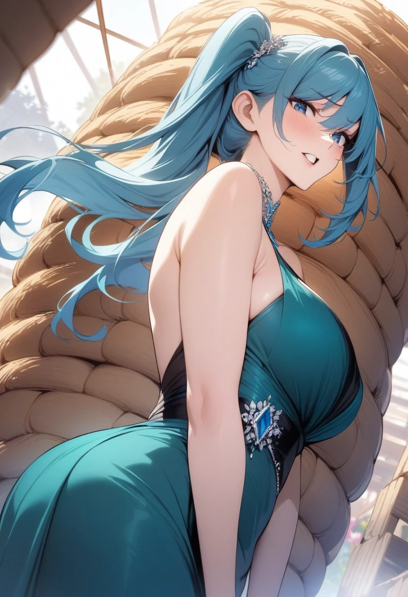 masterpiece, best quality, very aesthetic, absurdres, 1girl, mature_lady,,tsundere,Turquoise hairside ponytail,one side up,Jewel-Toned Formal Gown,Straw Bale Construction,floating_hair