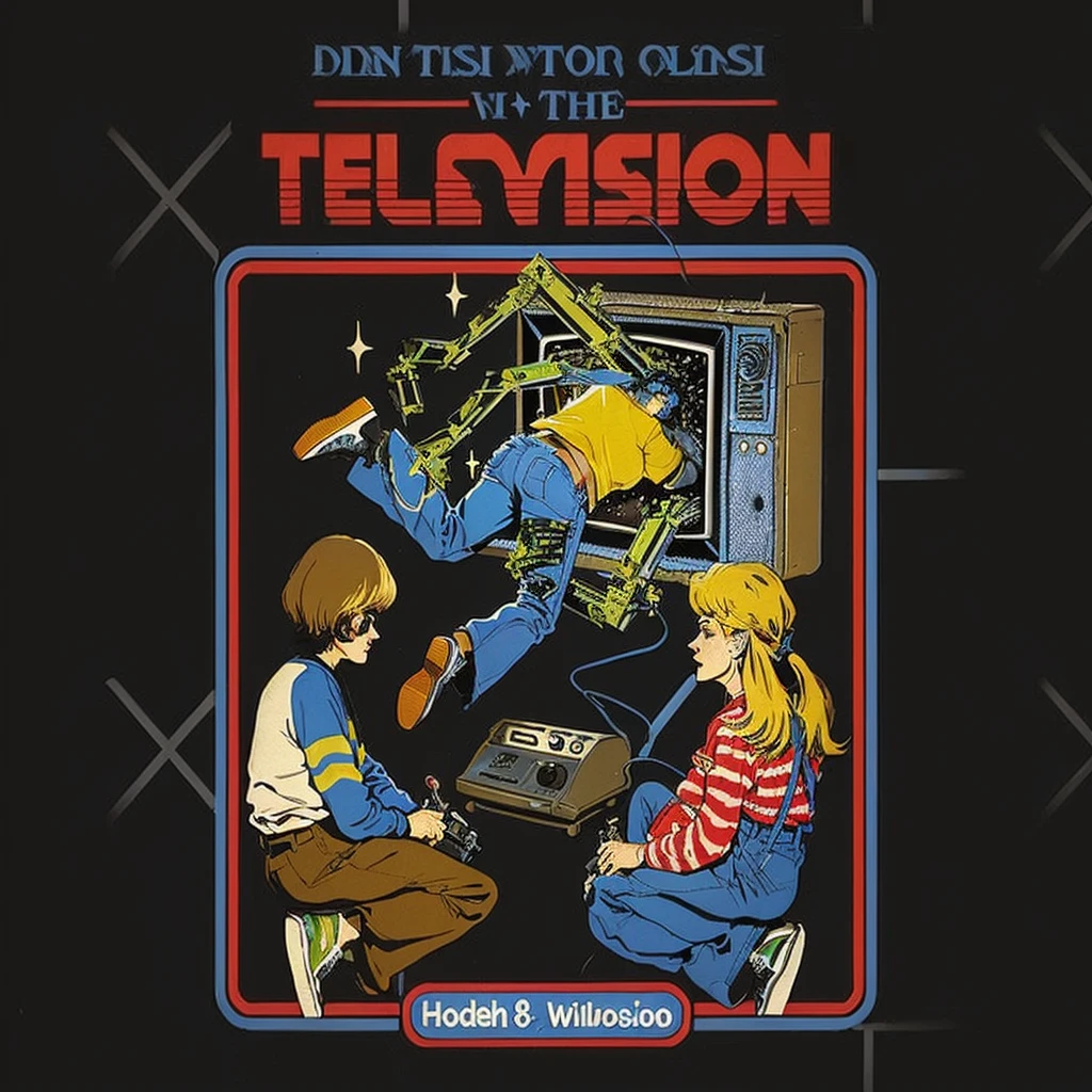 a poster with a photo of two people playing a game, horor&quot;, horor &quot;, television show, television, modern cartoon TV show, por Jesse Richards, reality shows, 80s cartoon, por Mateus D. Wilson, televisions, por Tom Phillips, Direction: Steve Prescott, is visibly irritated by the TV, por David Cooke Gibson, por Robert Adamson