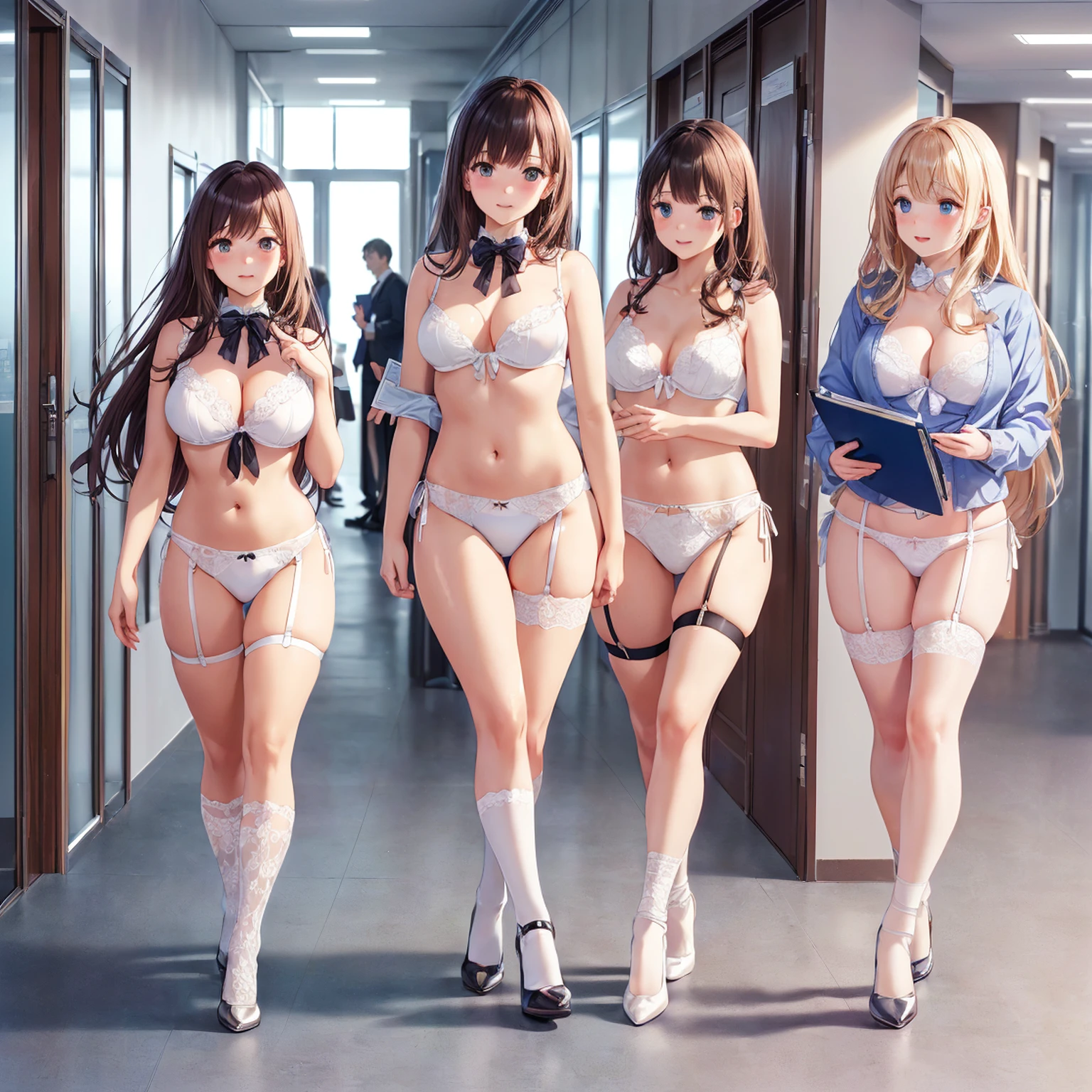 ((二人のIn underwearの女性はセクシーにOffice corridorを歩いている:1.4), Beautiful Anime Women, Beautiful art style, Anime characters, ((Smooth texture, Realistic texture, Anime CG Style)), ((Highest quality)), (Very detailed), (Very detailed CG 統合 8k 壁紙), Very detailed, High-resolution RAW color photos, Professional photography, Brown Hair, Stylish hairstyle, Great face and eyes, Beautiful and large breasts, Slender body, (Stunningly beautiful woman), (Detailed face:1.2),(Office corridor, Many business people walking down the corridor, There is a window in the hallway:1.3), ((Bow tie around neck, High heels:1.3), (Employee ID card worn around the neck:1.5), (Sexy and cute white underwear:1.3), (Stylish shiny white satin panties, Side-tie panties, Panties with plain white center and black lace on the sides:1.3), (Thin panties with ribbon:1.3), (White micro lace satin bra, White bra with black lace trim, Thin bra:1.3), (lace garter belt, Garter Strings, Knee socks:1.3):1.3), naked, In underwear, In underwearのオフィスレディ, Exact number of arms, Exact number of legs, Perfect Anatomy, (Embarrassed expression, Surprised expression), Angle from the front, Exact finger count、Exact number of legs、(Exact number of arms:1.0, Exact number of hands:1.0), (Perfect hands, Perfect Anatomy)