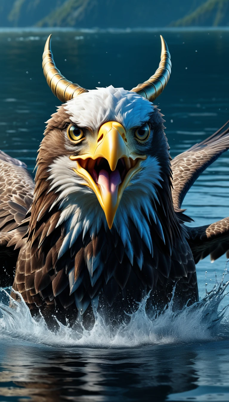 Panorama，There is a beast in the water，Looks like an eagle，The head has double horns（best quality，4K，8K，High level，masterpiece：1.2），Ultra Detailed，（lifelike，Photo real，Photo real：1.37），Highly detailed animals，Complex patterns，Realistic lighting，Fantasy Creatures