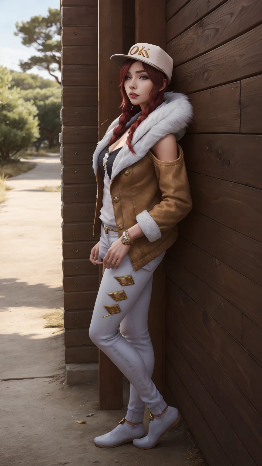 ((Full-length photo, standing, feet on the ground)) AKali KGIVES prestígio, 1 girl, standing alone, long hair, breastsout, gazing at viewer, jewerly, medium breastsout, Red hair, necklase, hair over one eye, lips, make up, White hat, trunk, epic light, top cut, Fur trim, jaket, theater, standing, whitegloves, White pants, calças apertaGIVESs, K/GIVES (League of Legends), Off The Shoulder,  parted lips, hypdertailed,