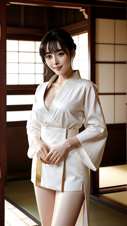 Highest quality、Swedish girls、1people、(hair silver)、(Gray Eyes)Baby Face、My breasts are a little large、Short、(A combination of dress and Japanese kimono)Short and sexy、