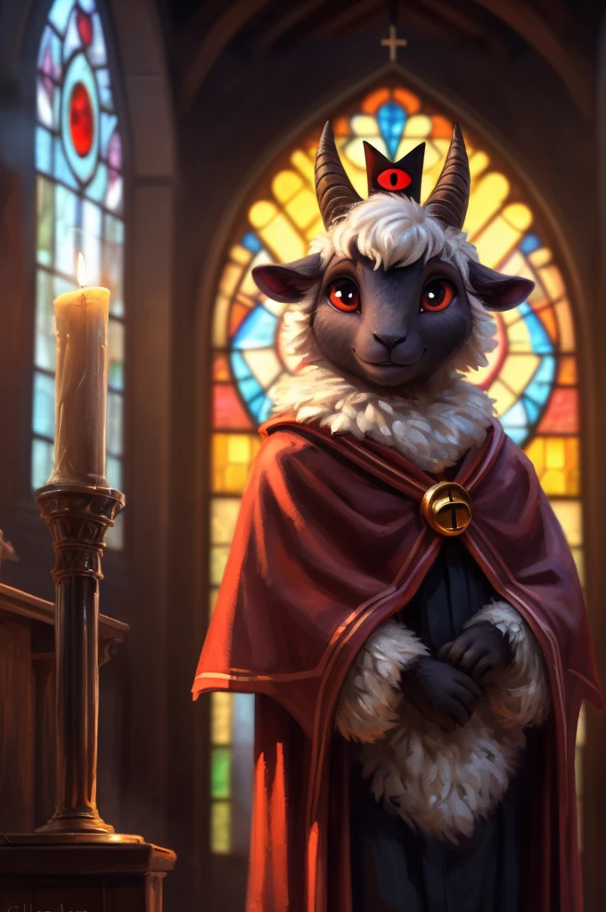 uploaded on e621, ((by Yurusa, by Childe Hassam, by Kenket, by Kyoto Animation)),
solo (chibi:1.15) ((sheep (lamb \(cult of the lamb\)), black body and white fur, white hair, horn, clear red sclera)),
(wear red crown, red cloak, grey black gown:1.25), (flat chested, smile), ((detailed fluffy fur)),
(half-length portrait, looking at viewer, three-quarter view:1.3),
BREAK,
(standing at church with stained glass:1.25), (outside, fog, mist, candle:1.2),
(detailed background, depth of field, half body shadow, sunlight, ambient light on the body),
(intricate:0.7), (high detail:1.2), (unreal engine:1.3), (soft focus:1.1),
[explicit content, questionable content], (masterpiece, best quality, 4k, 2k, shaded, absurd res)