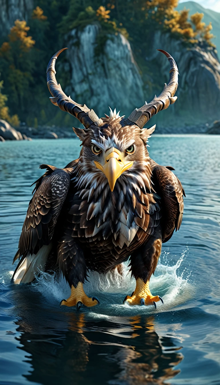 Panorama，There is a beast in the water，Looks like an eagle，The head has double horns（best quality，4K，8K，High level，masterpiece：1.2），Ultra Detailed，（lifelike，Photo real，Photo real：1.37），Highly detailed animals，Complex patterns，Realistic lighting，Fantasy Creatures