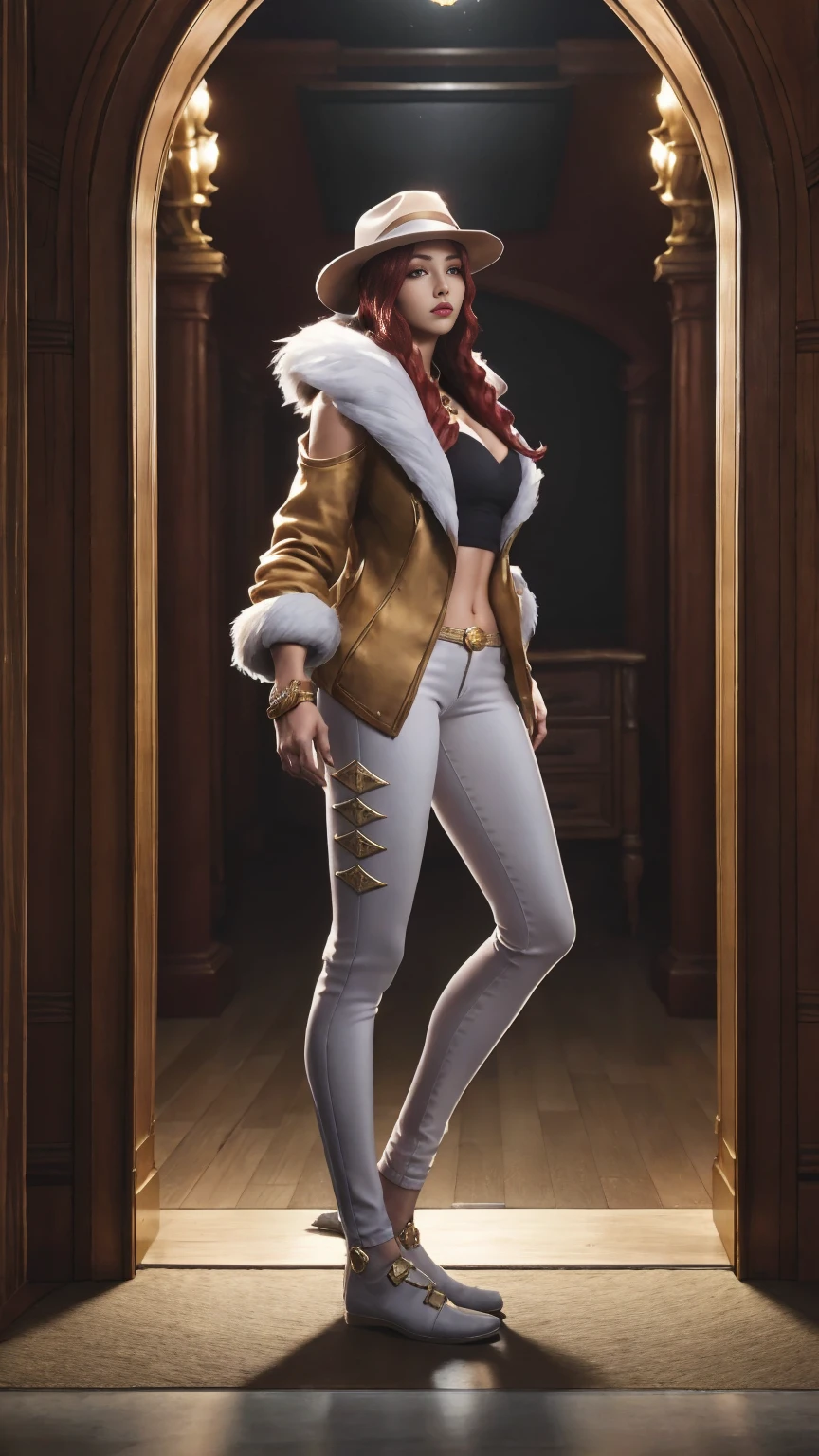 ((Full-length photo, standing, feet on the ground)) AKali KGIVES prestígio, 1 girl, standing alone, long hair, breastsout, gazing at viewer, jewerly, medium breastsout, Red hair, necklase, hair over one eye, lips, make up, White hat, trunk, epic light, top cut, Fur trim, jaket, theater, standing, whitegloves, White pants, calças apertaGIVESs, K/GIVES (League of Legends), Off The Shoulder,  parted lips, hypdertailed,