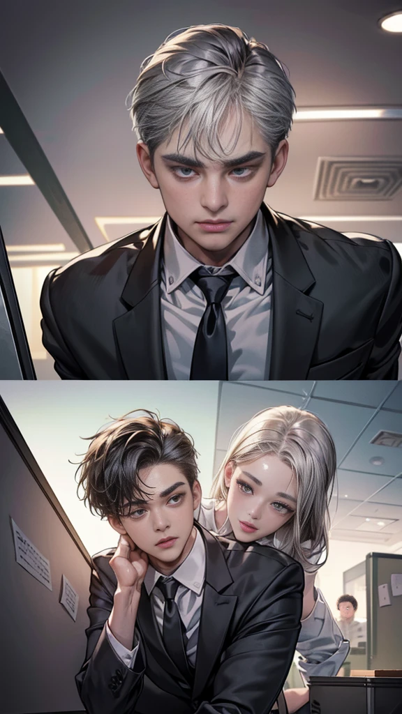 (nsfw), explicit content, masterpiece, graphically detailed, (office: 1.8), Ultra-high-definition CG drawing, Two individuals, intense confrontation, Man with short gray hair, Suit and tie, Facing each other, body language, Close-up shot, Detailed facial expressions, Wide Angle Panorama.