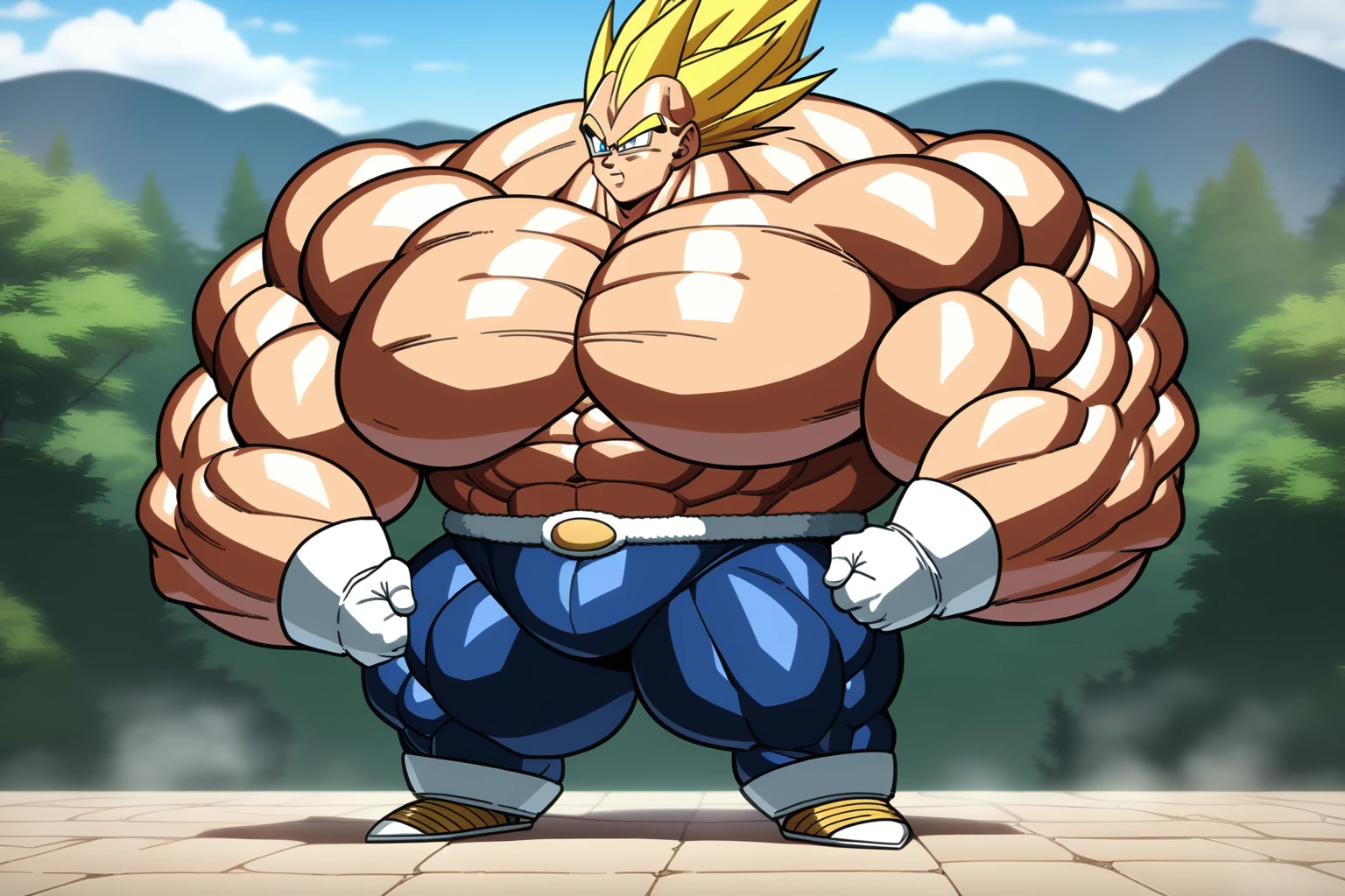 1boy, Vegeta, from Dragon Ball Z, masterpiece, best quality, very aesthetic, absurdres, saiyan, blue eyes, spiked hair, (yellow hair:1.5), standing up, good posture, shirtless, blue skintight pants, white gloves, (huge muscles:2.8), Dragon Ball Z artstyle, in the style of Akira Toriyama, white tiled floor, outdoor, flat-top mountains, Extreme Wide Shot, full pose, full body shot, (full body in frame:1), white boots with brown tips