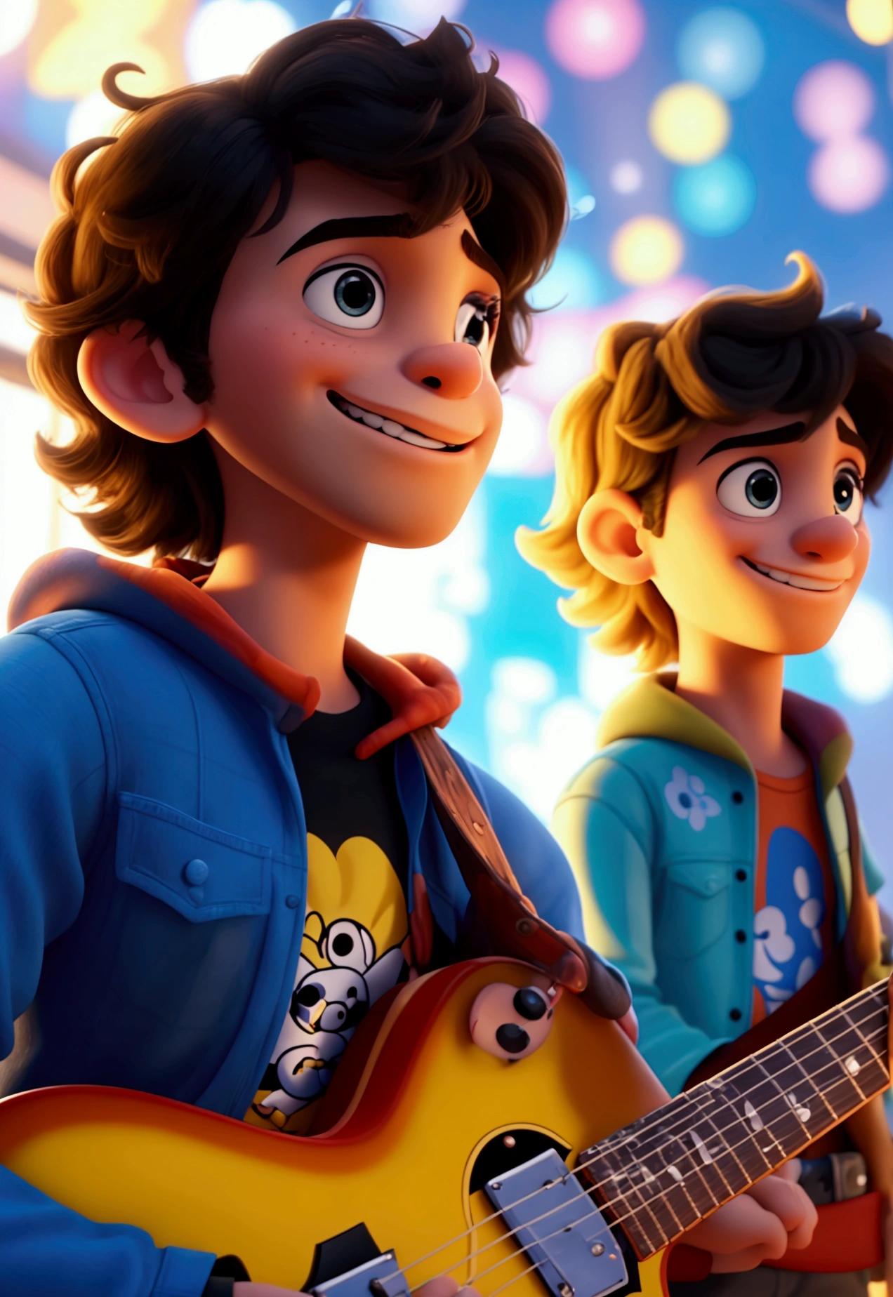 A disney pixar animation of 4 young men, members of a rock band.