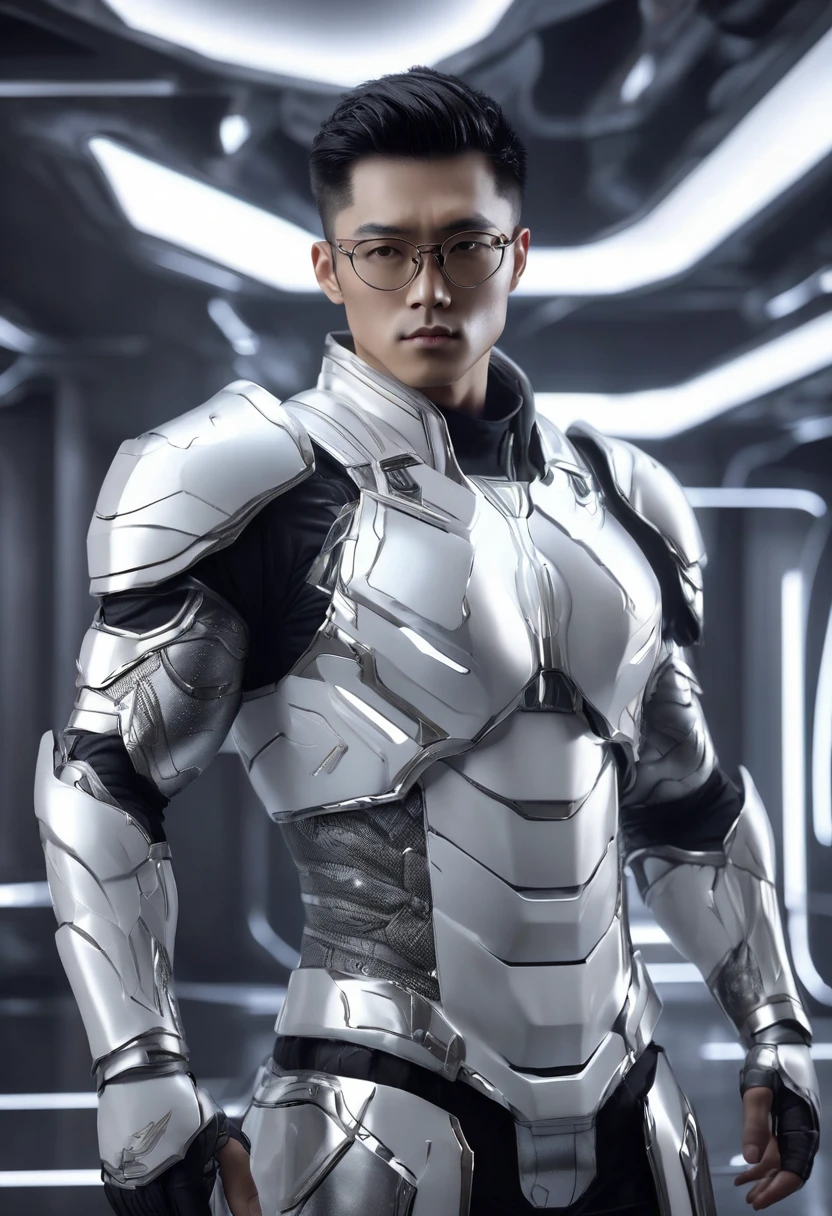1 man, inside a modern room in a futuristic style, wearing fine iron armor in white and silver tones, thin body, light muscles, detailed facial features, brown male eyes Chinese anatomy, wearing square glasses, detailed tanned skin, hair short darks, strong expression and serious and dramatic lighting, cold cinematic composition, atmospheric fog, beautiful face, square chin, handsome man, masculine and handsome, 25 years old (best quality, 4K, 8K, high resolution, art: 1.2), ultra-detailed , (realistic, photorealistic, photorealistic: 1.37)
