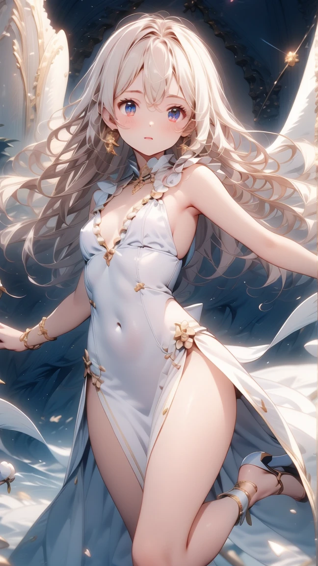 constitution : Air est une jeune ange d'une beauté éthérée, Delicate facial features,Small Breasts,Blue eyes seem to reflect the light of the sky. Her skin is fair and flawless, Almost translucent, As if lit from within. Her hair is blonde, Silky and long, Gently outline her face. She has a graceful figure、Elegant and noble appearance。, Use light, An almost floating gait, As if she always gets along with the celestial currents around her. His angel wings, White and transparent, When she exercises,Behind her, majestically unfolding, Adds to her angelic temperament. trendy style : Air'The clothing style is both fashionable and practical, Reflects her status as a gifted student of magic. She often wears soft, light dresses, Bright hues, Like sky blue or silver, Highlighting her glowing skin and blonde hair. Her favorite clothes are long ones, floating dress, Decorated with a subtle pattern inspired by constellations and stars. Wide and transparent sleeves, Reminiscent of the texture of its wings. Air also wears delicate accessories, Such as the exquisite bracelets inlaid with gemstones that sparkle like stars.. Complete your look, She often wears light sandals decorated with gold and silver patterns. Her hair is usually down, Floating around her, Sometimes secured with a simple hairpin decorated with small stars. When she is preparing for magic lessons or important exams, Air revêt une cape blanche ornée de broderies argentées, Symbolizes connection with celestial energy. The cape gave him a majestic and mysterious aura.,He impressed his classmates and teachers.。. in short, Air'Style is both charming and elegant, Capturing the Essence of Angel Heritage,Reflection,Holding a staff