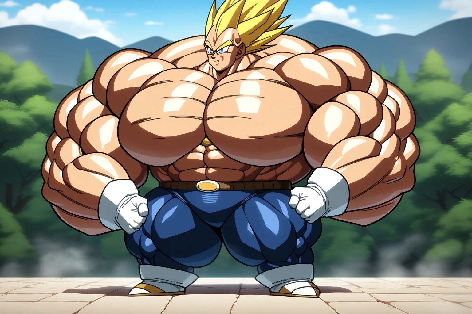 1boy, Vegeta, from Dragon Ball Z, masterpiece, best quality, very aesthetic, absurdres, saiyan, blue eyes, spiked hair, (yellow hair:1.5), standing up, good posture, shirtless, blue skintight pants, white gloves, (huge muscles:2.9), Dragon Ball Z artstyle, in the style of Akira Toriyama, white tiled floor, outdoor, flat-top mountains, Extreme Wide Shot, full pose, full body shot, (full body in frame:1), white boots with brown tips