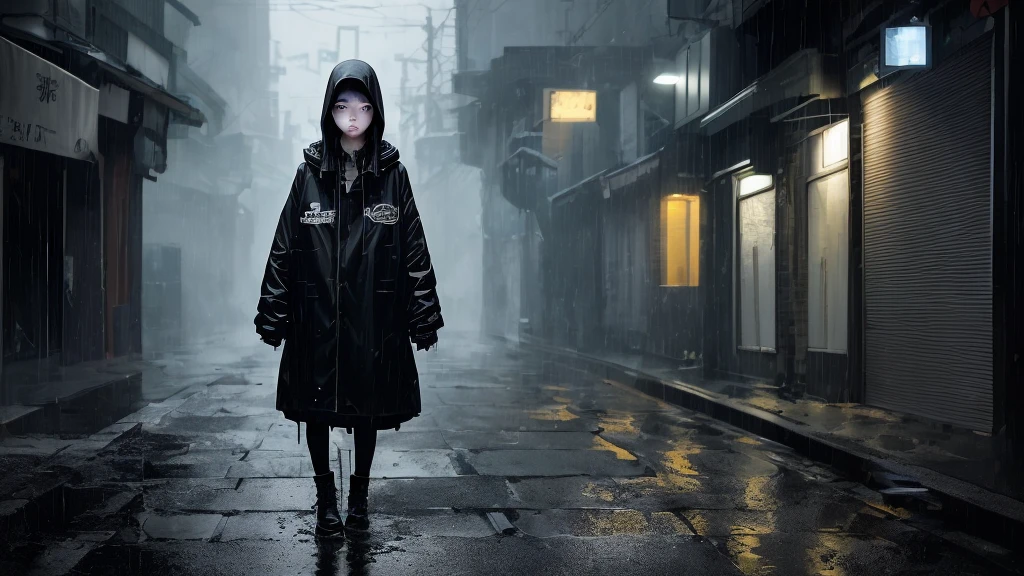 A dark, cinematic scene featuring an anonymous girl with a mysterious aura. She stands alone in a dimly lit alleyway, rain pouring down, her face partially hidden by shadows and a hood. Neon lights flicker in the background, casting eerie reflections on the wet pavement. The atmosphere is tense and macabre, with an underlying sense of danger and complexity. The girl's eyes reveal a mix of determination and vulnerability, hinting at a deeper, more complicated story.