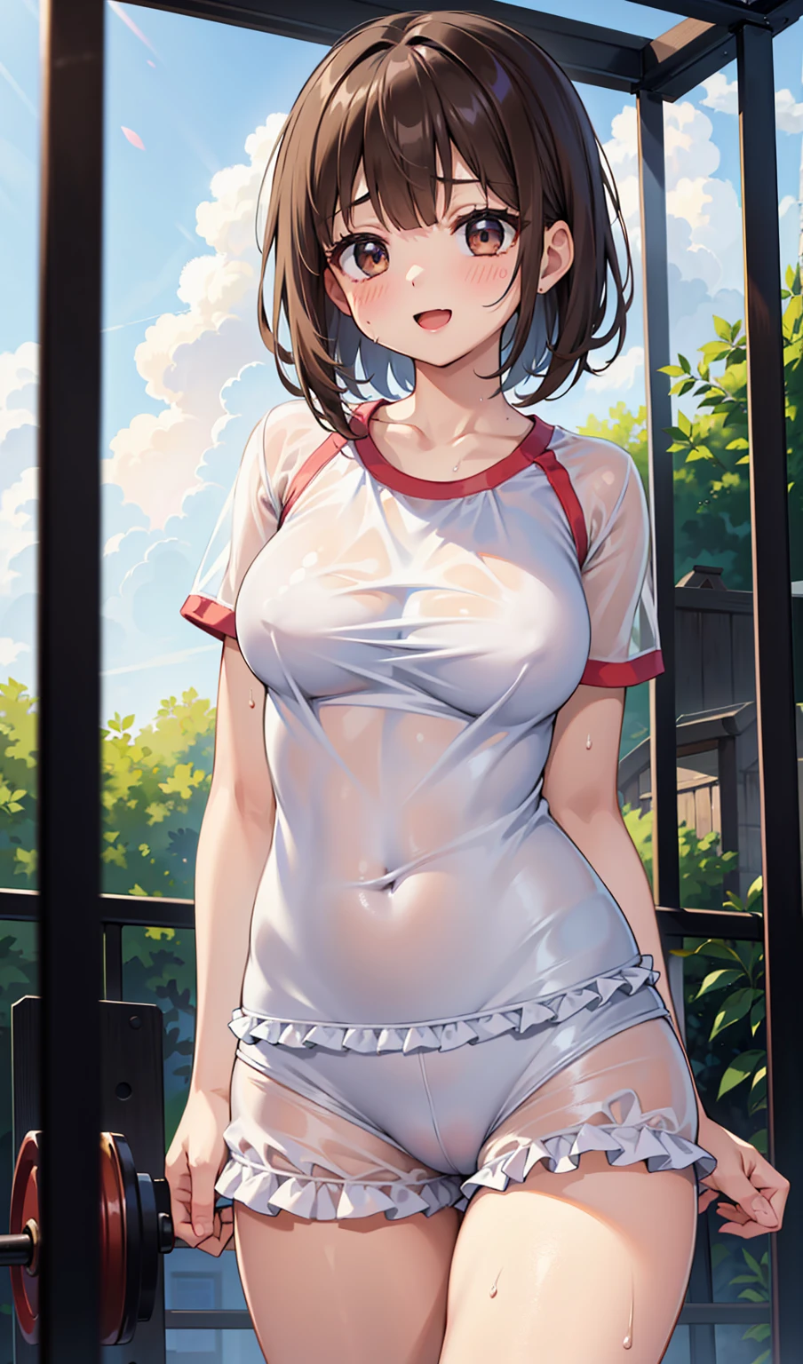 (Absurd、masterpiece、High resolution、Very beautiful girl、Highly detailed face and eyes:1)、(cute:1.4)、Light effects、1 girl、solo、Droopy eyes、Big Breasts、、:d、Looking away、Bloomers、Gym suit、Sweat、See-through、Outdoor、playground、summer、Dark brown short hair、Dark brown eyes